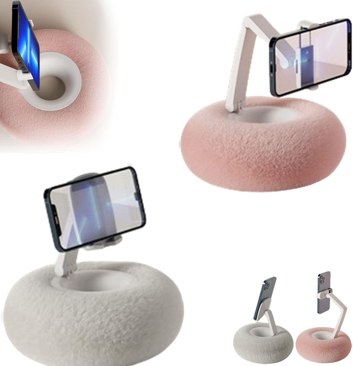 , Phone Stand with Fuzzy Pillow, Adjustable Phone Holder for Bed, Phone with Detachable Bowl, Pillow Holder, Soft Plush Fabric, Suitable for Bed,Car,Sofa (Pink & White)